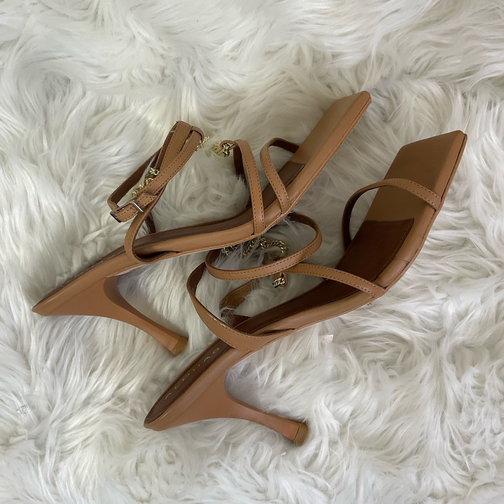 NEW REVOLVE Alohas Camel Chain Strap Leather Heeled Open Square Toe Sandals 8.5 - Picture 6 of 9